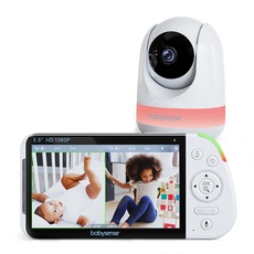 Babysense 5,5 Zoll 1080p Full HD Split-Screen Babymonitor, Video-Babyphone mit Kamera und Audio, PTZ Kamera, RGB-Nachtlicht, 300 Meter Reichweite, Zwei-Wege-Audio, 4-facher Zoom, 5000 mAh Akku