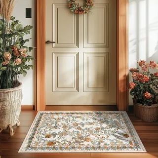 TOPICK Blume Fußmatte Waschbar Innen Kurzflor Teppich 60x90 Orange-Blau