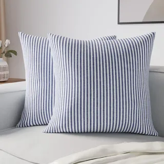 Encasa XO Kissenbezug, Sofakissen, ohne Füllung 40x40 cm | Gestreiftes Marineblau, 100% Baumwolle Canvas | Verdeckter Reißverschluss | Maschinenwaschbar | Dekokissen | 2er Set