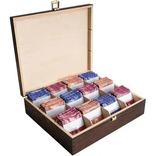 Creative Deco Große Braun Teebox Holz | 29 x 25 x 7,5 cm | 12 Fächer | Teekiste mit Deckel | Tee-Organizer aus Kiefernholz| Perfekte für Decoupage, Dekoration Lagerung der Teebeutel