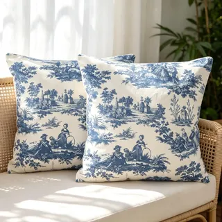 NIULAA Samt Blau Deko Kissenbezug 40x40 Toile de jouy 2er Set | Sofakissen Couchkissen,Vintage Dekokissen mit Muster,Wohnzimmer Deko Kissen bezug,für Sofa Stuhl Bett