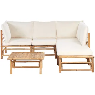 Beliani Lounge SET 5-Sitzer Bambusholz hellbraun 3-teilig Auflagen cremeweiß Cerreto , Creme , Holz , Gartenmöbel, Gartengarnituren, Gartenmöbel-Sets