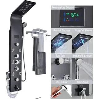 Duschpaneelsystem, LED-Wasserflussanzeige, Dreifachbedienung,8009 Schwarz - Schwarz