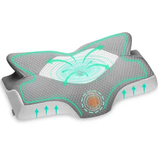 Elviros Zervikale Orthopädisches Kopfkissen aus Memory-Schaum abnehmbares ergonomisches Nackenhörnchen für Nacken- und Schulterschmerzen Nackenstützkissenr, 54 x 11/9 x 33 cm, Silber-Grau