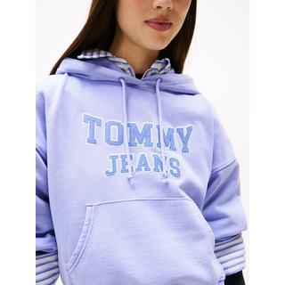 Kapuzensweatshirt TOMMY JEANS "TJW BXY CRP VARSITY HOODIE", Damen, Gr. M (38), vintage iris, Sweatware, Obermaterial: 100% Baumwolle, bedruckt, Sweatshirts Kapuzensweatshirt