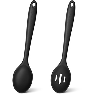 TEAMFAR Kochlöffel, 2 Stück Silikon Löffel Rührlöffel Set, Schwarz Antihaft Küchenhelfer zum Kochen Backen Rühren, Hitzebeständig, Spülmaschinenfest