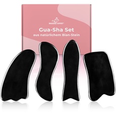Gua-Sha Set mit 4 Massagehelfern aus natürlichem Bian-Stein, Anleitung und Verstau-Box inklusive - effektives Werkzeug für Massage, Akupressur und Anti-Aging