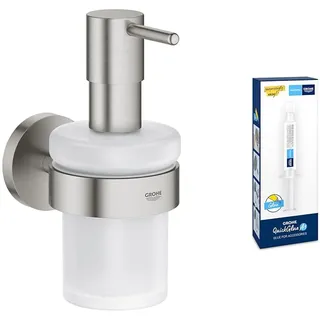 GROHE Start - Seifenspender mit Halter (Füllmenge 160ml, Material: Glas/ Metall, verdeckte Befestigung, langlebig), supersteel, 41195DC0 + Kleber für Badaccessoires