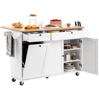 Vevor Kücheninselwagen 153 cm breiter mobiler Küchenwagen mit Rädern & Klappplatte & 2 Schubladen & Mülleimerschrank & Messerhalter & Gewürzregal & Handtuchhalter, Tisch für Esszimmer, Speisekammer