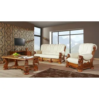 Wohnzimmer Sofagarnitur Couch Polster Sitz Sofa Leder Holz 3+2 Set Garnitur Neu - Weiß