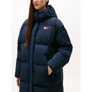 Steppmantel TOMMY JEANS "TJW ALASKA GRID DWN MXI COAT EXT", Damen, Gr. XS (34), blau (schwarz night navy), Web, Obermaterial: 100% Polyester, unifarben, regular fit, Mäntel Steppmantel