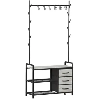 Metall Garderobe Sitzbank Stauraum 176x30x84cm Hellgraue Holzmaserung | Leader Accessories Garderobenständer mit Schuhablage und Sitzbank Standgarderobe für Jacken Mäntel und Schuhe Flur