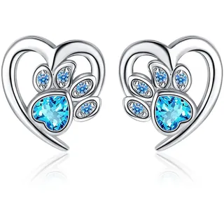 Silber Ohrstecker Damen 925 Hypoallergen Katzenpfote Herz Ohrringe Silber 925 mit Blau Zirkonia Silber Knorpel Ohrstecker Schmuck für Frauen Mädchen-13mm