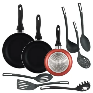 Well Home Set mit 3 Pfannen Ø16Ø20Ø24cm aus gepresstem Aluminium metallisches Kupfer + 6 Küchenutensilien aus PBT Farbe Schwarz