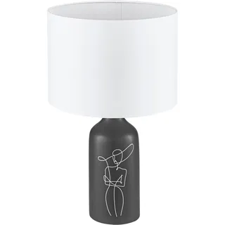 EGLO Tischlampe Vinoza, Nachttischlampe mit Lampenschirm, Tischleuchte aus Keramik in Schwarz mit Motiv und Textil in Weiß, Deko Schlafzimmer, Wohnzimmer Tisch Lampe, E27 Fassung