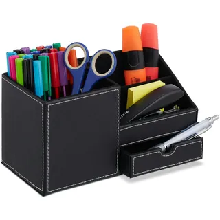 Relaxdays Schreibtisch Organizer, Büroorganizer, 3 Fächer & Schublade, HBT: 12x22,5x11 cm, Stiftehalter, schwarz/weiß