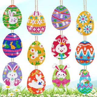 Hysagtek 12 Stück Diamond Painting Ostern Set - Diamond Painting Schlüsselanhänger, DIY Diamant - Painting Ostern Anhänger Osterdekoration, Osterei Bastelset Geschenk