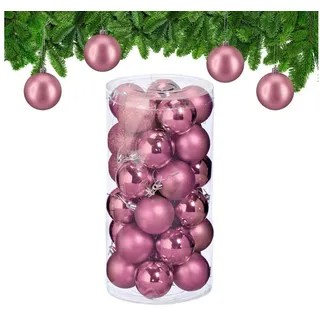 Relaxdays Weihnachtskugeln im 30er Set, Kunststoff, D: 6 cm, runde Weihnachtsbaumdeko, Baumschmuck bruchsicher, rosa