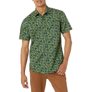 Amazon Essentials Herren Kurzärmeliges Sommerhemd mit Aufdruck, Normale Passform, Olivgrün Blumen, L