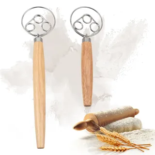 JUNJIEFU 2 Stück Dänischer Schneebesen, Dänischer Teigbesen aus Edelstahl | Teigbesen im niederländischen Stil, Brotteig, Handmixer, Holzgriff, Küchenbackwerkzeuge