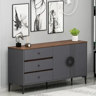 HOMIDEA ZOE Sideboard mit 2 Türen und 3 Schubladen – Moderne Kommode und Anrichte für Wohnzimmer und Esszimmer 150 x 78,6 x 40 cm (Anthrazit/Nussbaum)