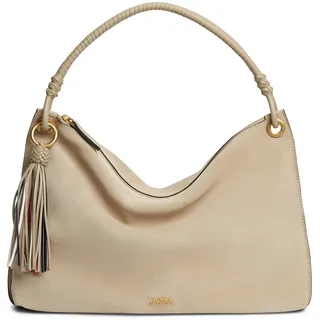 Schultertasche TOMMY HILFIGER "TH STATEMENT LEATHER BAG SUEDE", Damen, Gr. B/H/T: 0cm x 0cm x 0cm, beige, Veloursleder, Taschen Schultertasche, Damen Tragetasche, Handtasche mit modischen Quasten