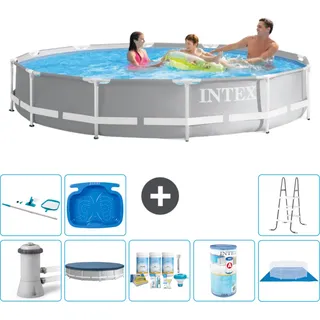Intex Round Prism Frame Swimming Pool – 366 x 76 cm – Grau – inklusive Pumpe Abdeckung - Wartungspaket - Filter - Bodenplane - Reinigungskit - Leiter