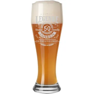LUXENTU Weizenbierglas 0,5l mit graviertem Motiv, Weizenglas für ein Jubiläum & besondere Anlässe, Weißbierglas mit Lasergravur-Veredelung, Spülmaschinengeeignet, Legende seit 50 Jahren