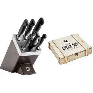 ZWILLING Selbstschärfender Messerblock, 7-tlg, Holzblock, Messer und Schere & 07150-359-0 Steak Besteckset in rustikaler Holzbox, Edelstahl, 12-teilig