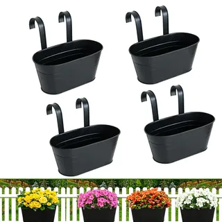 Bssowe 4 Stück Metall Aufhängen Blumentöpfe, 28Cm Hängetöpfe Balkon Mit Drainageloch, Hängender Blumentopf Mit Abnehmbaren Haken, Geeignet Für Balkone, Zäune, Gärten Und Wände (Schwarz)