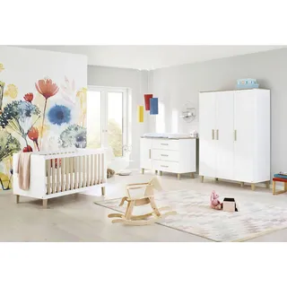 Pinolino Babyzimmer , Weiß, Eichefarben , Holzwerkstoff , 6 Fächer , 3 Schublade(n) Schubladen , zum Juniorbett umbaubar, höhenverstellbar, Sprossen mit Normabstand, zum Sitzsofa umbaubar, Aufbauanleitung im Karton, Lattenrost inklusive, Schlupfsprossen , Babymöbel & Kindermöbel, Babyzimmer, Babyzimmer-Serien