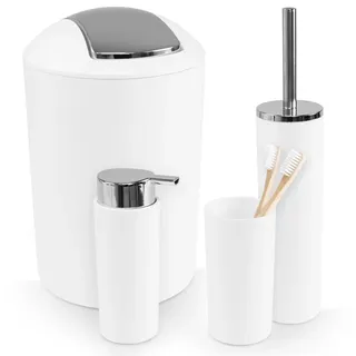 WENKO Bad Accessoire Set Mod. Calvo, 4-teilig, klassischer Zahnputzbecher, 380 ml Seifenspender, geschlossene WC-Garnitur inkl. WC-Bürste & 6,5 L Schwingdeckeleimer, Weiß
