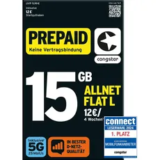 congstar Prepaid ALLNET L SIM-Karte ohne Vertrag I Vielsurfer Prepaid-Paket in D-Netz-Qualität I 6 GB LTE mit 25 Mbit/s + 15€ Startguthaben I Telefonie & SMS Flat in alle dt. Netze I EU-Roaming inkl.