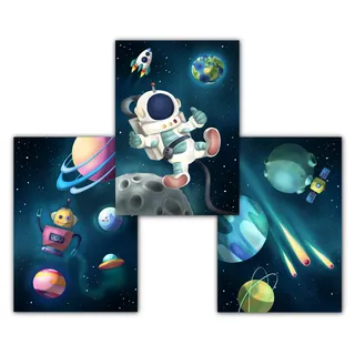 Weltall Kinderzimmer Bilder mit Astronaut, Rakete, Planeten und Sternen – Deko A4 Wandbilder für Jungen und Mädchen, 3er Set Weltraum Poster ohne Rahmen, Kinderbilder Universum (Set A)
