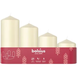 Bolsius Glatte Stumpenkerzen - 4er Set - Adventszeit - Elfenbein - Verschiedene Größen - Dekorative Haushaltskerzen - Lange Brenndauer - Unparfümiert - Mit Natürlichem Pflanzenwachs - Ohne Palmöl