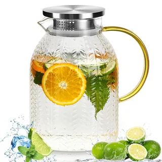 Rubessia Wasserkaraffe mit Deckel Edelstahl, 2L Glaskaraffe aus Borosilikatglas, Wasserkrug, Glas Krug Karaffe, Wasserkaraffe, Karaffe Glas, Eistee Krug für Kalte Heiße Wasser Eistee Getränke Saft