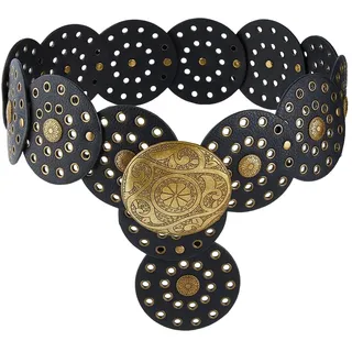 DICOSMETIC 1.05M Damen Boho Disc Gürtel Vintage Boho Taillengürtel 9cm Breit Cowgirl Gürtel Schwarze Disc Punk Ledergürtel Für Musikfestival Röcke Hosen Kleider