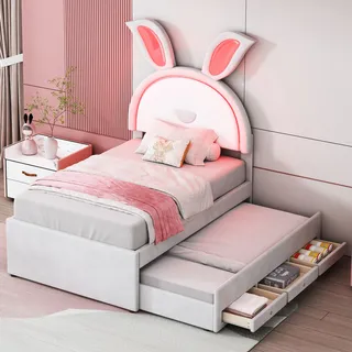 Flieks Kinderbett mit Unterbett, Polsterbett mit Lattenrost und Schubladen, Jugendbett Einzelbett mit LED, Tagesbett Gästebett 90x200cm/90x190cm, Samt, Beige - Beige