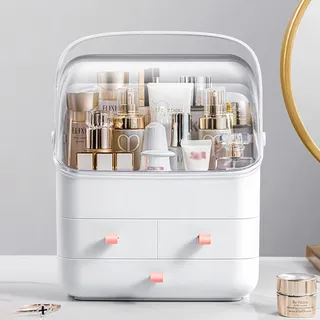 Make Up Kosmetik Organizer, Schmink Kosmetikbox Hautpflege mit Staubdichtem Deckel Beauty Make-up Box mit 3 Aufbewahrung Schublade Kosmetische mit Tragegriff für Dresser Arbeitsplatte Badezimmer
