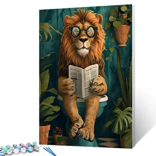 Tucocoo Lustiges Malen-nach-Zahlen-Set für Badezimmer, Motiv: Löwe, 40x50cm, Leinwand, DIY-Ölgemälde für Erwachsene mit Pinseln und Acryl-Pigmenten, Tier-WC, Tropische Pflanze Bild für Heimdekoration