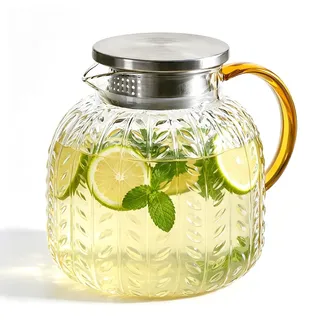 Teekanne 1,3 Liter aus Borosilikatglas, hitzebeständige Glaskanne mit Edelstahl Deckel und integriertem Sieb, Glasteekanne, Wasserkaraffe aus Glas, Glaskaraffe, für Schwarzen Tee Grüner usw.