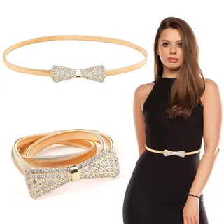 Nexlynk Strass Kristall Taillengürtel für Damen Gold Verstellbarer Kettengürtel 60-80 cm Elastischer Metallgürtel mit Schleife Schmaler Metallgürtel für Kleid Party Hochzeit Abendmode