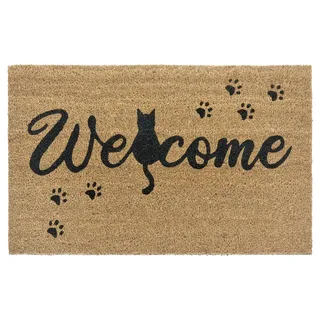 HANSE HOME Kokos Fußmatte für Innen, - Schmutzfangmatte, Natur, Kokosmatte Katze Welcome, Fußabtreter rutschfest für Flur, Terrasse, Eingangsbereich - 45x75cm