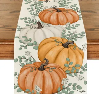 Artoid Mode Orange Kürbisse Eukalyptus Herbst Tischläufer, Saisonnal Küche Tisch Dekoration Drinnen Urlaub Party Dekor 40x240 cm