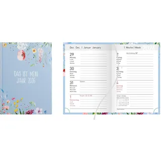 IDENA 12042 - Taschenkalender DIN A7 2026 "Mein Jahr", 1 Woche auf 2 Seiten, Terminplaner mit Hardcover-Einband, Blütenmotiv und Leseband