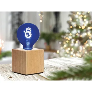 Kleine Tischlampe Würfel Holz Eiche 9x9cm mit Deko LED Glühbirne Schneemann Blau - Blau