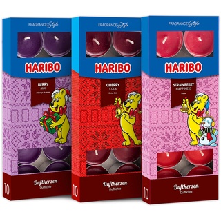 Haribo 3er-Set Duftteelichter Winter Edition - Berry Mix, Cherry Cola, Strawberry Happiness - 30 Stück mit 4-6 Stunden Brenndauer im festlichen Winterdesign