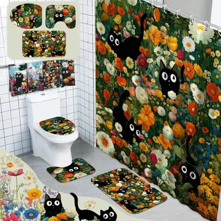 Tatuo Duschvorhang-Sets mit schwarzem Katzen-Motiv, für Badezimmer, niedliches Blumenmuster, ästhetisches Badezimmer-Zubehör, Retro-Katzenliebhaber, Geschenk-Set mit Handtüchern, Teppich, Badematte