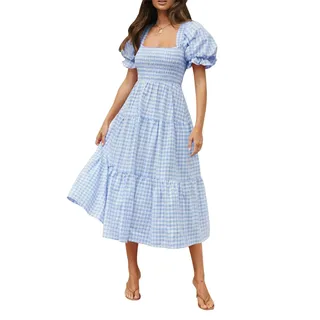 ZESICA Damen 2024 Bohemian Summer Plaid Square Neck Puffärmel Rüschen Flowy Beach Midi Kleid, Hellblau, X-Groß