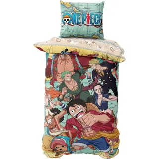 MTOnlinehandel One Piece Bettwäsche 135x200, Manga-Piraten-Set Bettbezug 135x200 + Kissenbezug 80x80, Anime für Kinder und Teenager aus Mikrofaser, angenehm & weich